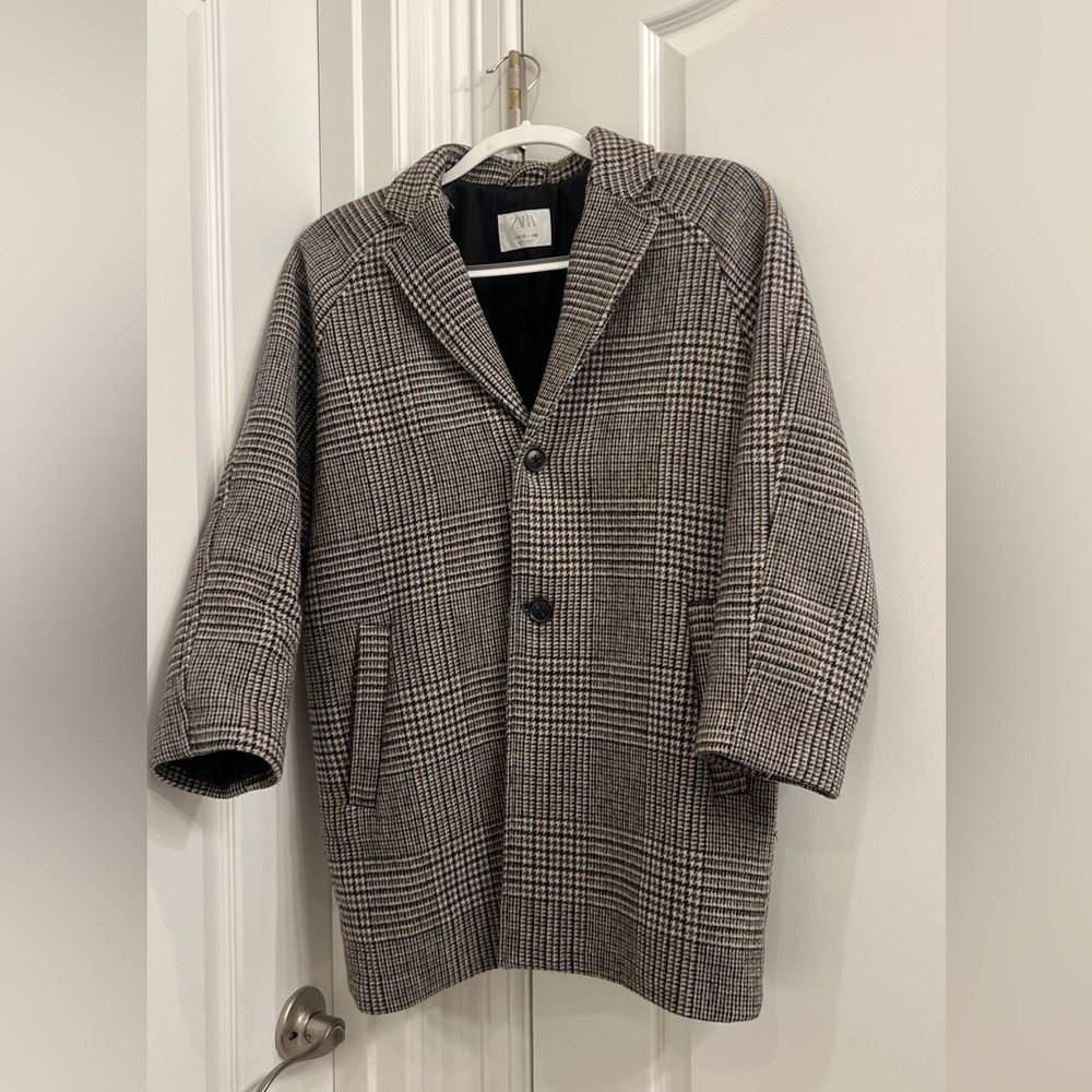 ZARA boy’s Plaid Pea Coat in Brown and Black